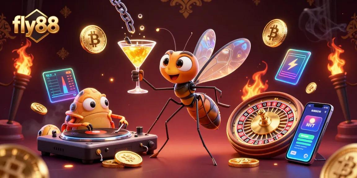 Experience the excitement of fly88 with a vibrant 3D casino scene featuring unique characters and cryptocurrency elements.