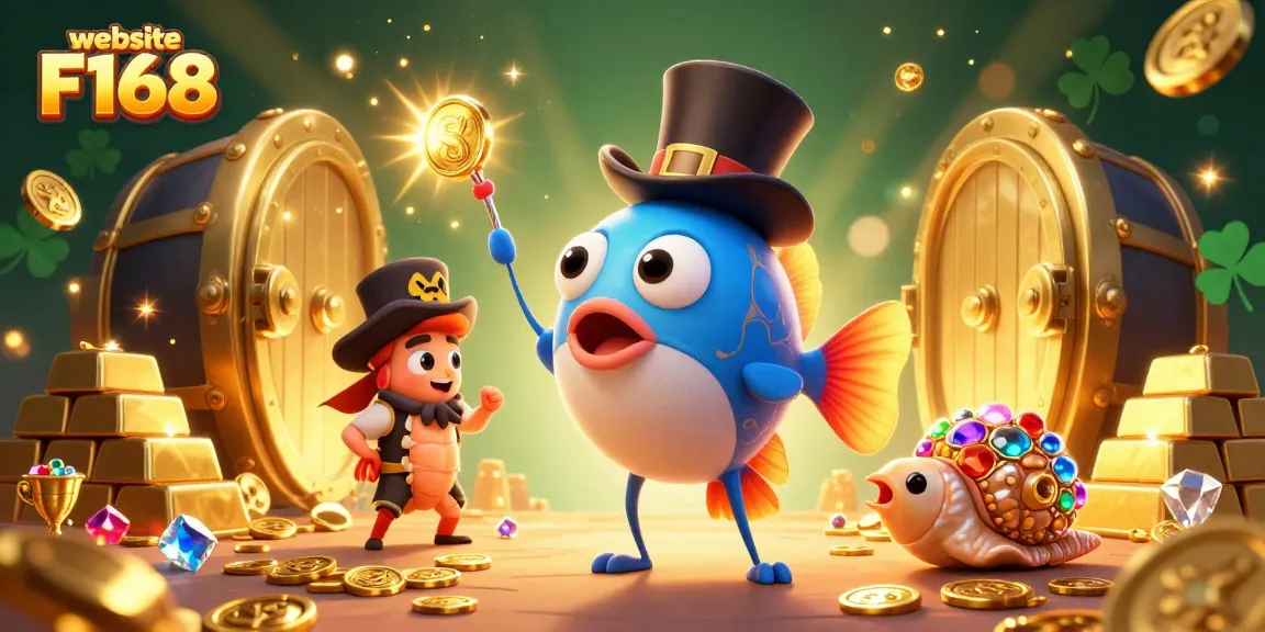 Engage in thrilling gaming at website F168 with this vibrant 3D casino-themed illustration showcasing exciting characters and golden treasures.