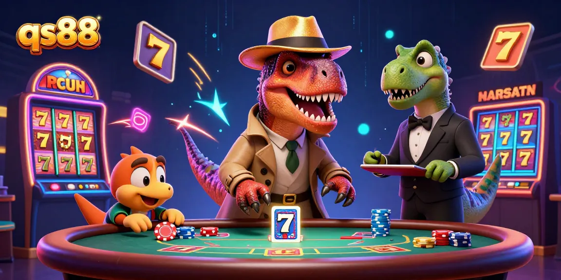 qs88 velociraptor card counter and stegosaurus pit boss at a lively blackjack table