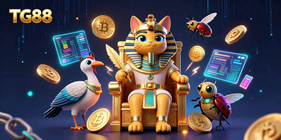 Experience seamless gaming at TG88 with a vibrant Egyptian-themed casino scene packed with crypto elements.