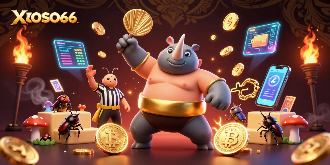 XOSO66 captures the action of a rhinoceros beetle champion, scattering coins in a lively casino scene.