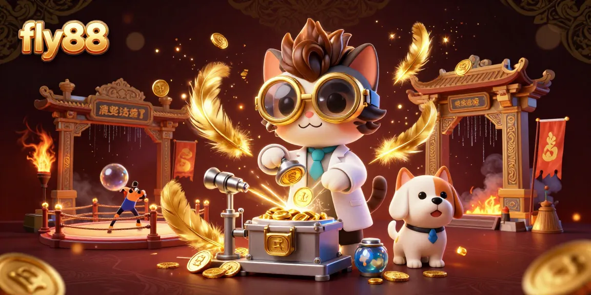 Experience thrilling gameplay at fly88 with mad scientist cat and loyal assistant in a vibrant casino scene.