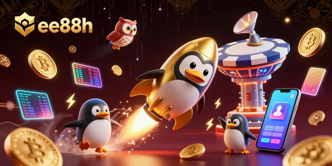 Engage with ee88h in a vibrant 3D casino scene featuring a golden penguin and crypto elements.