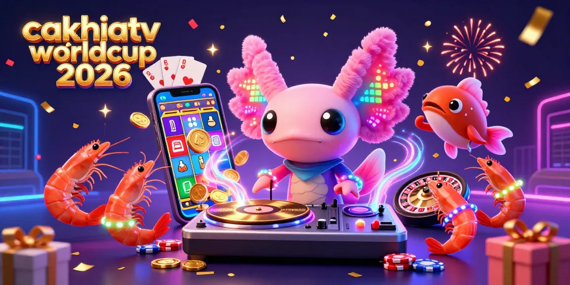 Cakhiatv trực tiếp worldcup 2026 showcases a vibrant neon scene with an axolotl DJ spinning records amidst colorful gambling elements.