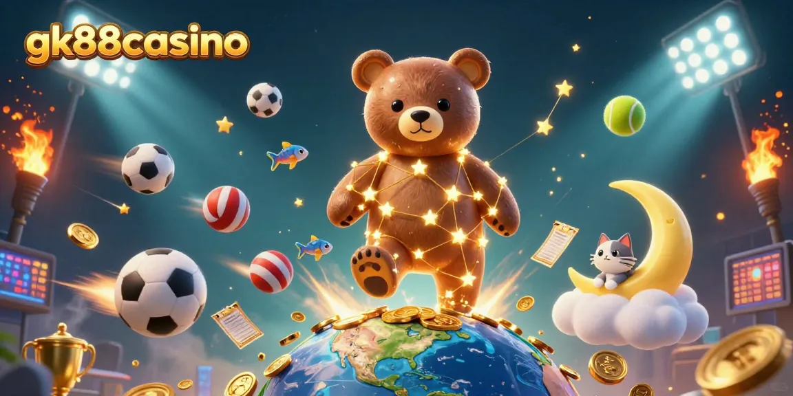 Experience the excitement of gk88casino with a vibrant 3D illustration of a constellation bear and sports elements.