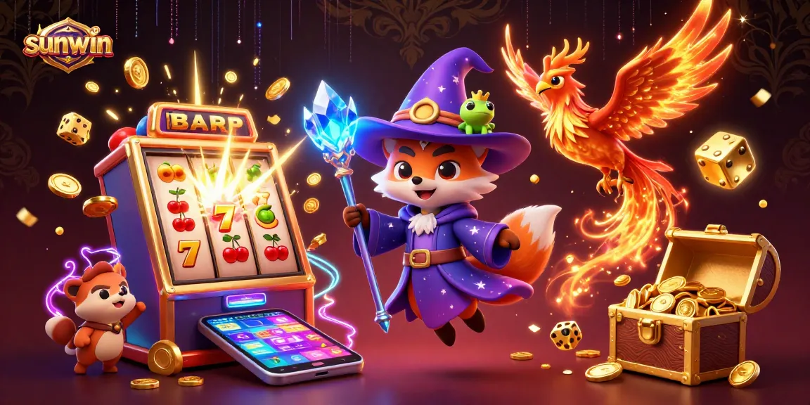 Play and win big with sunwin's enchanting casino illustration featuring a wizard and phoenix.