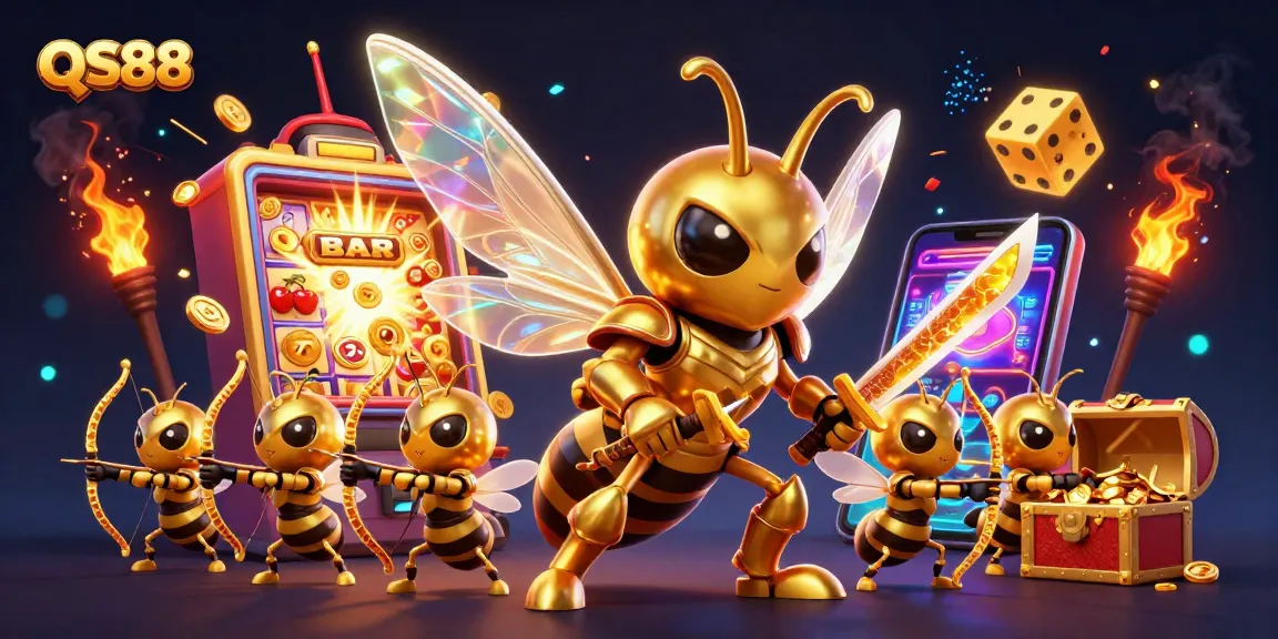 QS88 attracts players with a captivating 3D casino adventure featuring a giant golden hornet amidst jackpots and games.