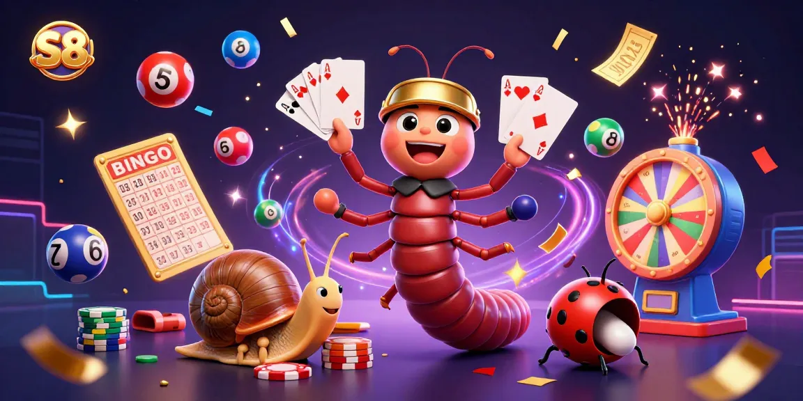 S8 engages players with a lively scene featuring a millipede dealer, colorful lottery balls, and vibrant gaming elements.